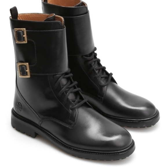 Tory Burch Lukas Flat moto vegan leather lace up Booties sz 85
